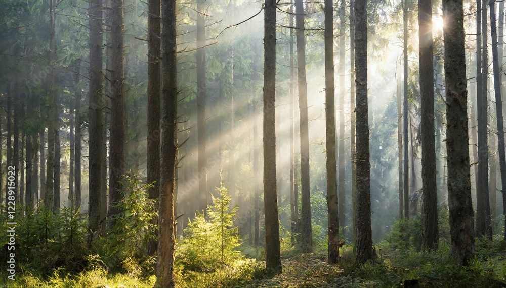 Obraz premium Landscape, forest, spruce forest, high trunks, fog, sunbeams, AI generated, AI generated