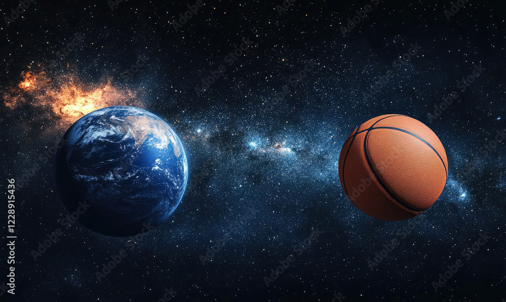 Fiery Basketball Floating in Cosmic Space Fiery Basketball Floating in Cosmic Space