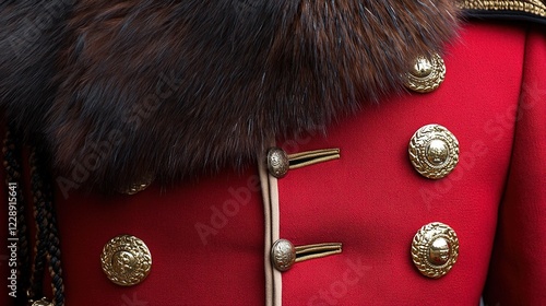 Red uniform with fur collar and gold buttons.