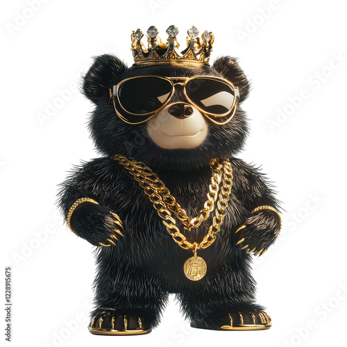 Cute Spectacled Bear in Hip Hop Style with Gold Chain Accessory and Crown for Fun and Quirky Art Projects