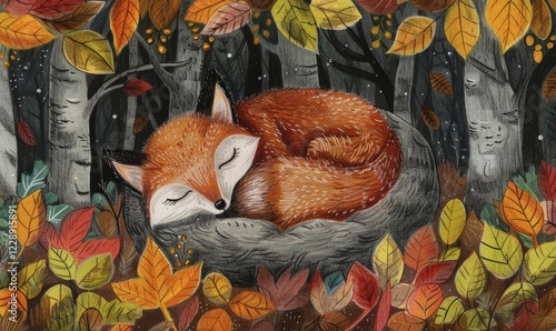 A fox is sleeping in a pile of leaves. The leaves are orange and yellow, and the background is dark AI generated photo