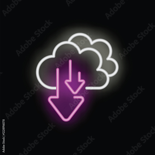 Glowing neon icon of downloading data from cloud storage is shining on a black wall