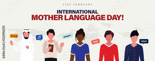 International Mother Language Day. 21st February Language Day post shows diverse group of people representing different cultures along with greetings in various languages like Hello, Bonjour and Ciao