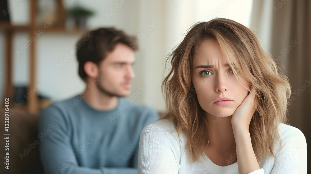 Serious sad woman thinking over a problem, man aside, meeting therapist, poor chance of getting pregnant after 40, unmet expectations, unable to handle family finances, interested in different things Serious sad woman thinking over a problem, man aside, meeting therapist, poor chance of getting pregnant after 40, unmet expectations, unable to handle family finances, interested in different things