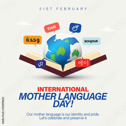 International Mother Language Day. 21st February Mother language Day celebration social media post or banner shows greetings in various languages with earth globe and book. Vector Illustration