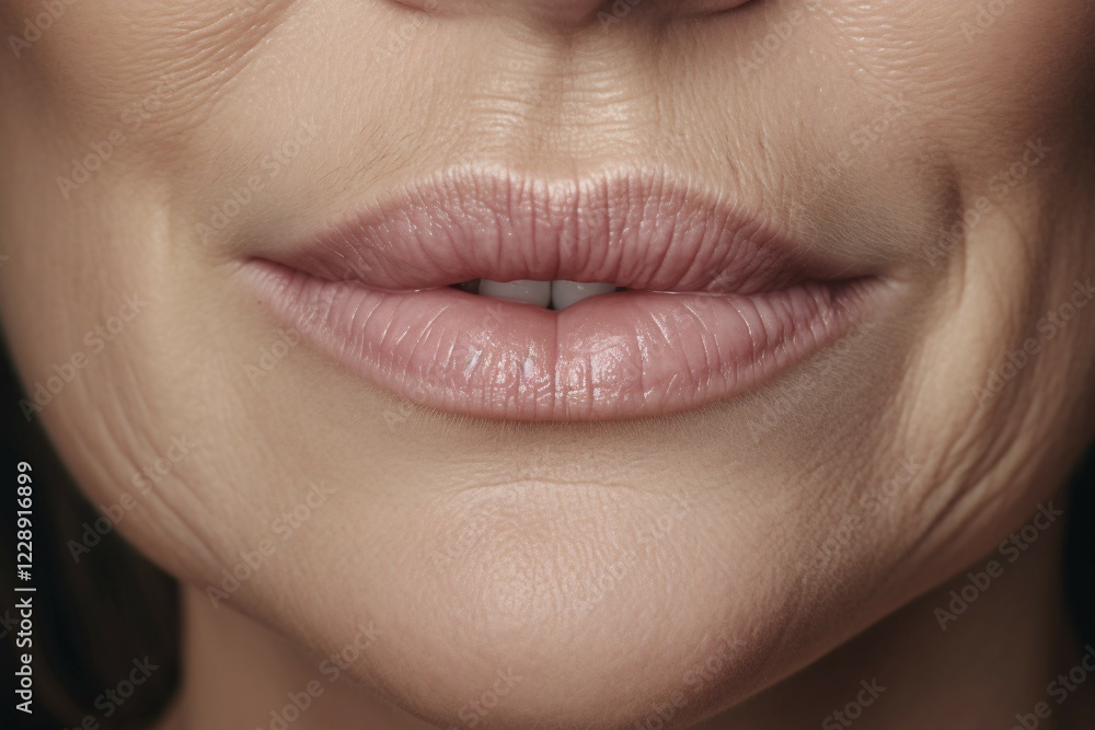 Close up of middle-aged woman's nasolabial folds and wrinkles around mouth. KI generiert, generiert AI generated Close up of middle-aged woman's nasolabial folds and wrinkles around mouth. KI generiert, generiert AI generated