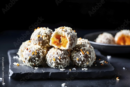 Carrot cake bliss balls coated in desiccated coconut, AI generated photo