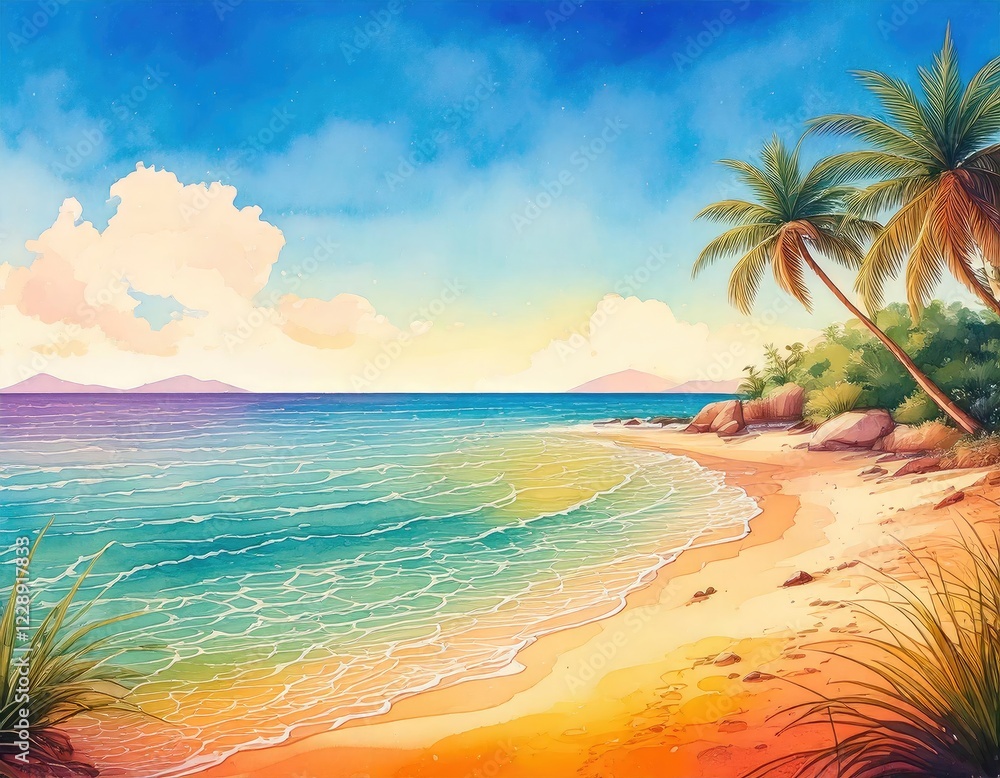 Obraz premium watercolor summer beach background, Pastel colors light watercolors of a sunny day.