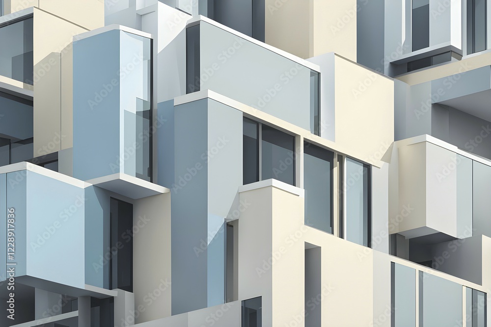 Minimalist architectural composition of modern buildings, with clean angles, rendered in geometric forms and soft hues of grey, cream, and light blue, AI generated Minimalist architectural composition of modern buildings, with clean angles, rendered in geometric forms and soft hues of grey, cream, and light blue, AI generated