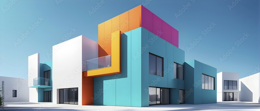 Minimalist architectural render composition of modern buildings in simple and clean geometric forms and vibrant colors, AI generated