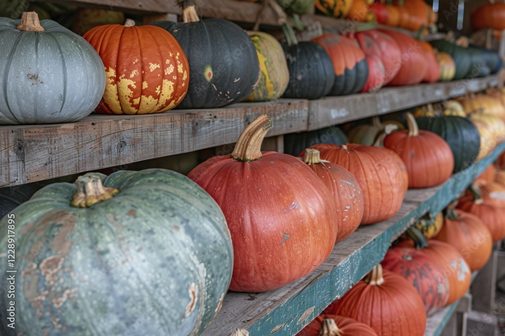 Many colorful muscade pumpkins on wooden racks at market. Generative Ai, AI generated Many colorful muscade pumpkins on wooden racks at market. Generative Ai, AI generated