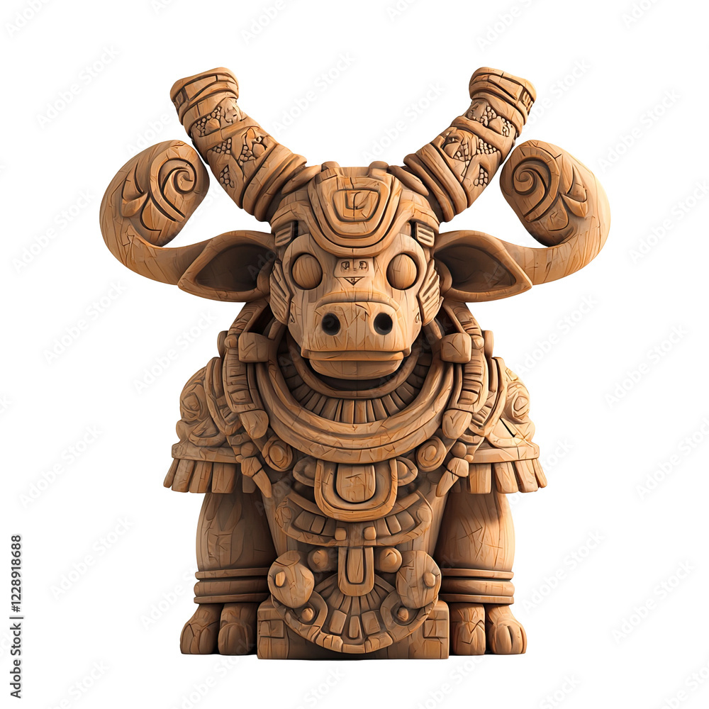 3D Cartoonish Banteng Sculpture with Aztec Design Featuring Intricate Details and a transparent background 3D Cartoonish Banteng Sculpture with Aztec Design Featuring Intricate Details and a transparent background
