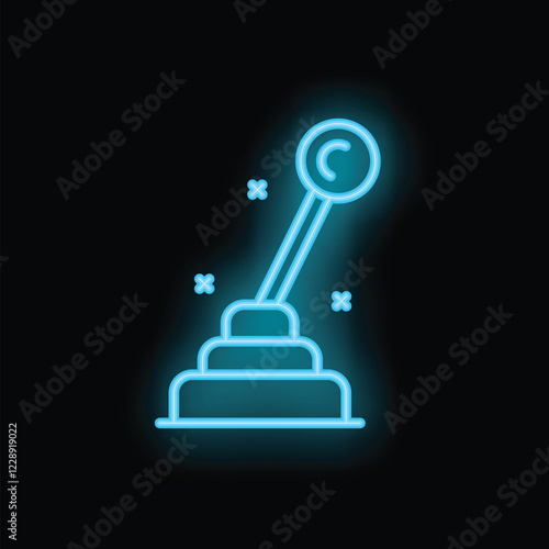 Glowing neon blue icon of a gear stick on a black background