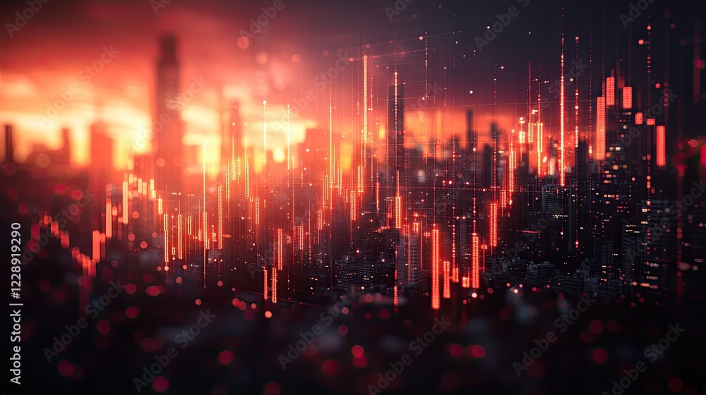 Obraz premium Vibrant city skyline at sunset with stock market graph overlay illustrating financial trends