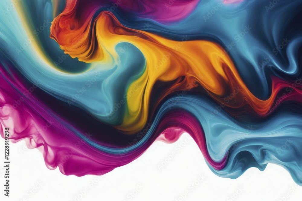 Obraz premium Abstract digital art with fluid flowing patterns in blue, yellow, and pink hues, AI generated