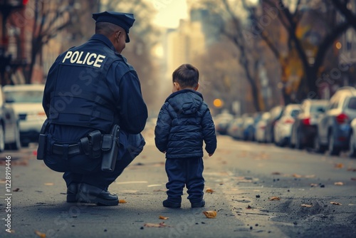 Back view of male police officer interacting with small toddler child in street. Generative AI, AI generated
