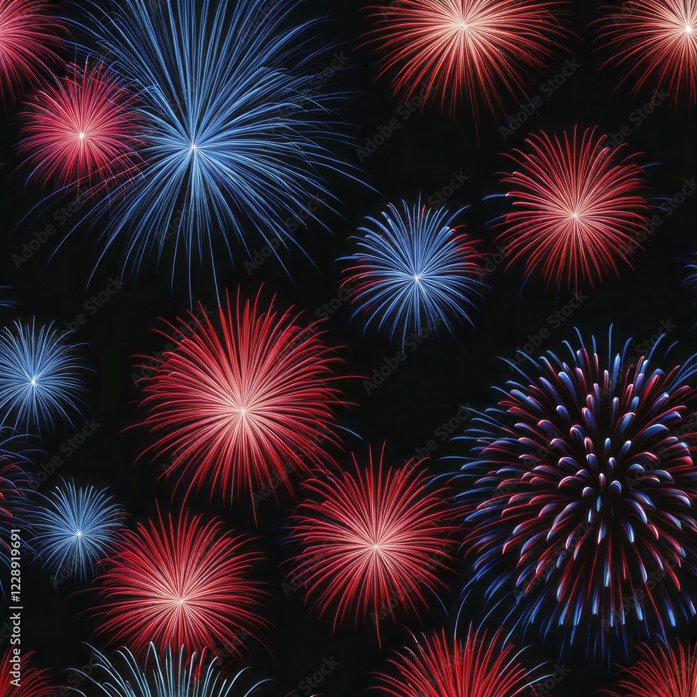 Vivid red and blue fireworks against a dark night sky, creating a festive celebration atmosphere, AI generated Vivid red and blue fireworks against a dark night sky, creating a festive celebration atmosphere, AI generated