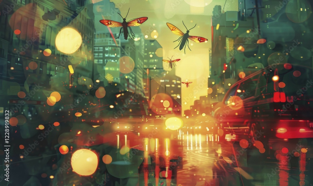 Fototapeta premium Surreal cityscape at night with glowing fireflies and vibrant lights reflecting on the wet street AI generated