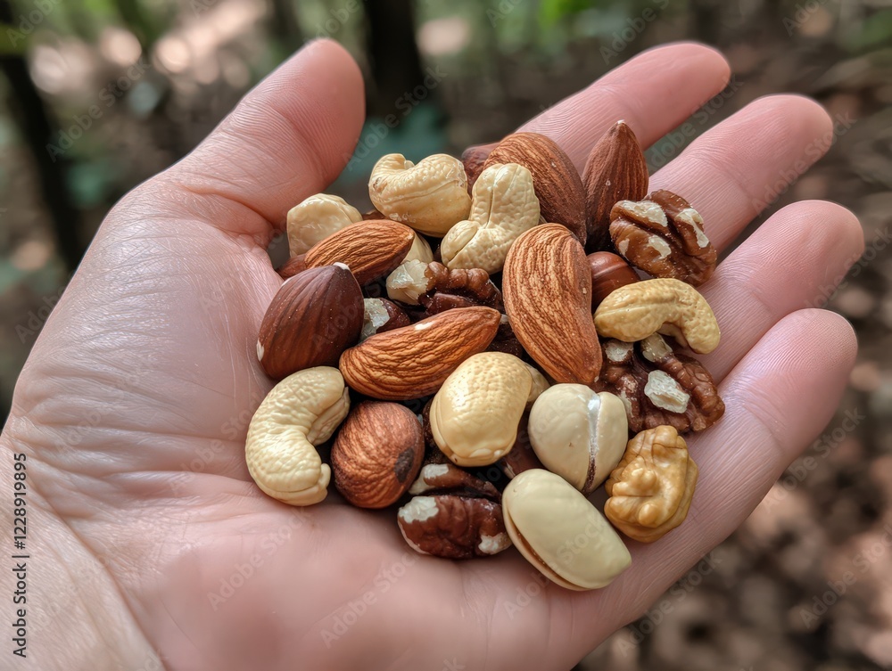 Close-up of a handful of walnuts, almonds, and cashews in a palm, symbolizing healthy snacking Close-up of a handful of walnuts, almonds, and cashews in a palm, symbolizing healthy snacking