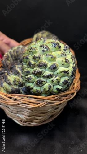 Wicker wooden Basket Full of Freshly Picked Custard Apples on a black background. photo