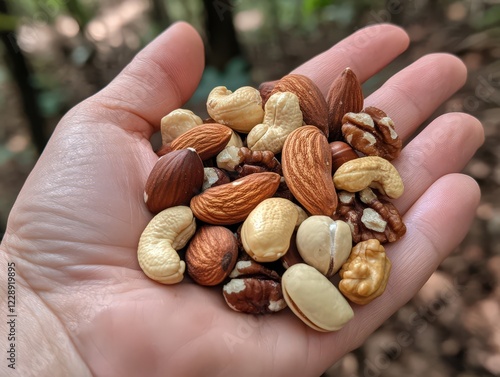 Close-up of a handful of walnuts, almonds, and cashews in a palm, symbolizing healthy snacking photo