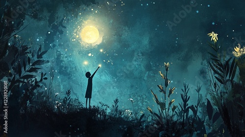 Silhouette of a child reaching for a glowing star in a starry night sky.