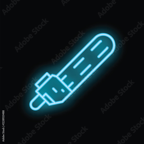 Bright blue neon sign depicting a chainsaw, glowing on a black background