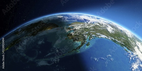 Fototapeta Naklejka Na Ścianę i Meble -  Highly detailed Earth with atmosphere, exaggerated relief and light-flooded cities. Transition from night to day. Chukotka, Alaska and the Bering Strait. 3D rendering. Elements of this image furnished by NASA