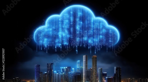 Digital cloud concept over urban skyline.