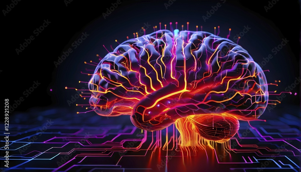 Abstract digital brain made of interconnected lines and glowing circuits in neon colors, representing artificial intelligence processing information, AI generated Abstract digital brain made of interconnected lines and glowing circuits in neon colors, representing artificial intelligence processing information, AI generated