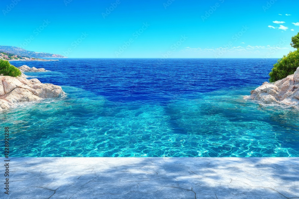 Fototapeta premium An empty concrete podium set against the backdrop of a vibrant blue sea under a clear sky. Generative AI