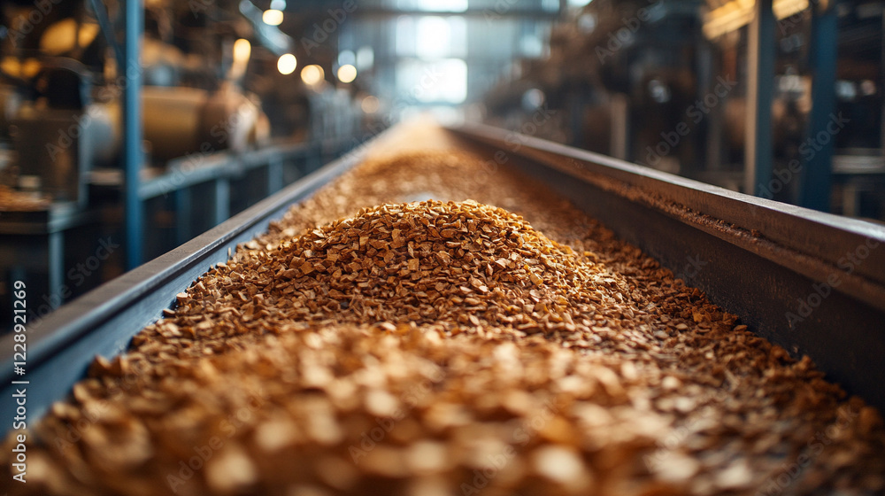 Wood chips moving on a conveyor belt in a factory symbolizing sustainable heating materials with a modern, minimalistic aesthetic and bright tone, blurred background and empty caption space Wood chips moving on a conveyor belt in a factory symbolizing sustainable heating materials with a modern, minimalistic aesthetic and bright tone, blurred background and empty caption space