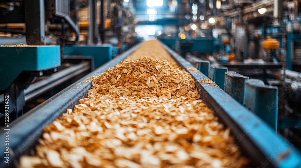 Wood chips moving on a conveyor belt in a factory symbolizing sustainable heating materials with a modern, minimalistic aesthetic and bright tone, blurred background and empty caption space Wood chips moving on a conveyor belt in a factory symbolizing sustainable heating materials with a modern, minimalistic aesthetic and bright tone, blurred background and empty caption space