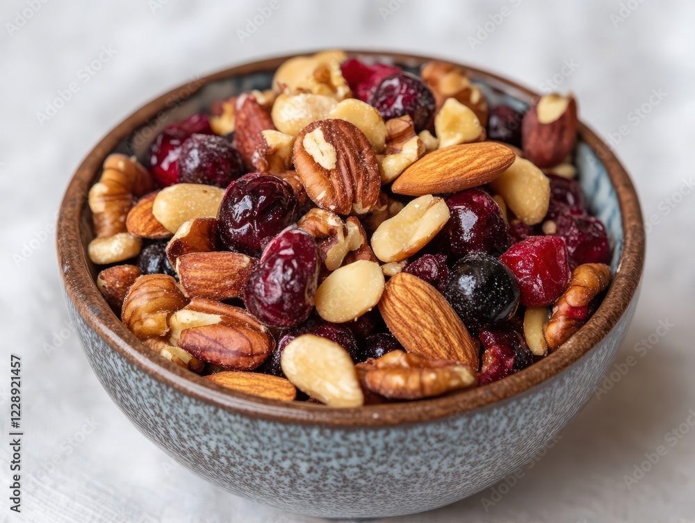Close-up of fresh berries and nuts in a small ceramic dish, symbolizing a healthy lifestyle Close-up of fresh berries and nuts in a small ceramic dish, symbolizing a healthy lifestyle
