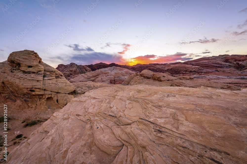 Naklejka premium Sunset behind red sandstone rocks, Valley of Fire State Park, Mojave Desert, Nevada, USA, North America