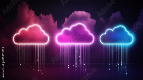 Colorful neon clouds with rain drops illustration.
