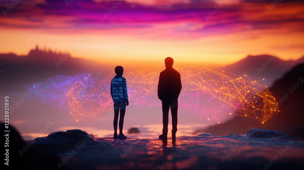 Fototapeta premium Two figures contemplating a vibrant sunset.