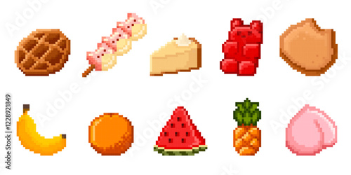 Pixel sweets and fruit icons set isolated on white. Vector cartoon illustration of retro software emoji, waffle, marshmallow, cake, gummy bear, cookie, banana, orange, watermelon, pineapple, peach