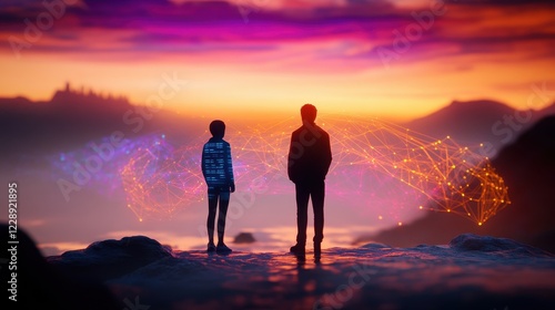 Two figures contemplating a vibrant sunset.