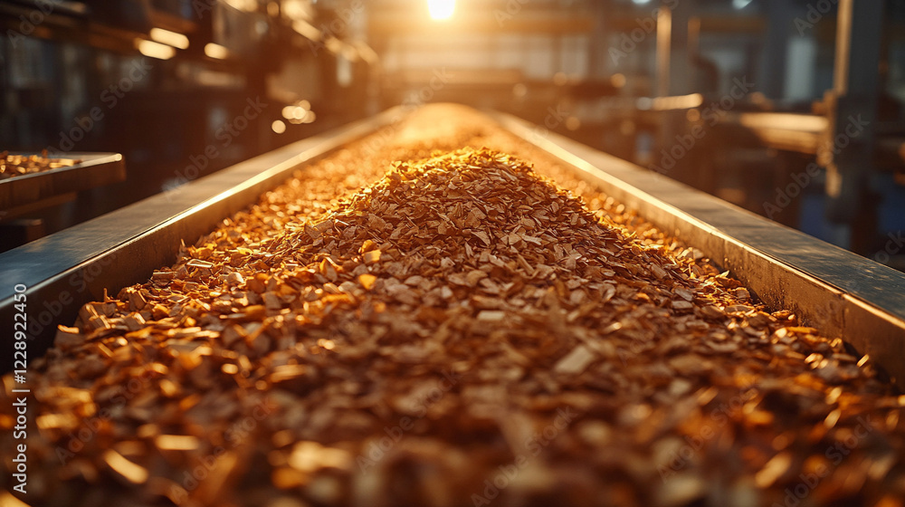 Wood chips moving on a conveyor belt in a factory symbolizing sustainable heating materials with a modern, minimalistic aesthetic and bright tone, blurred background and empty caption space Wood chips moving on a conveyor belt in a factory symbolizing sustainable heating materials with a modern, minimalistic aesthetic and bright tone, blurred background and empty caption space