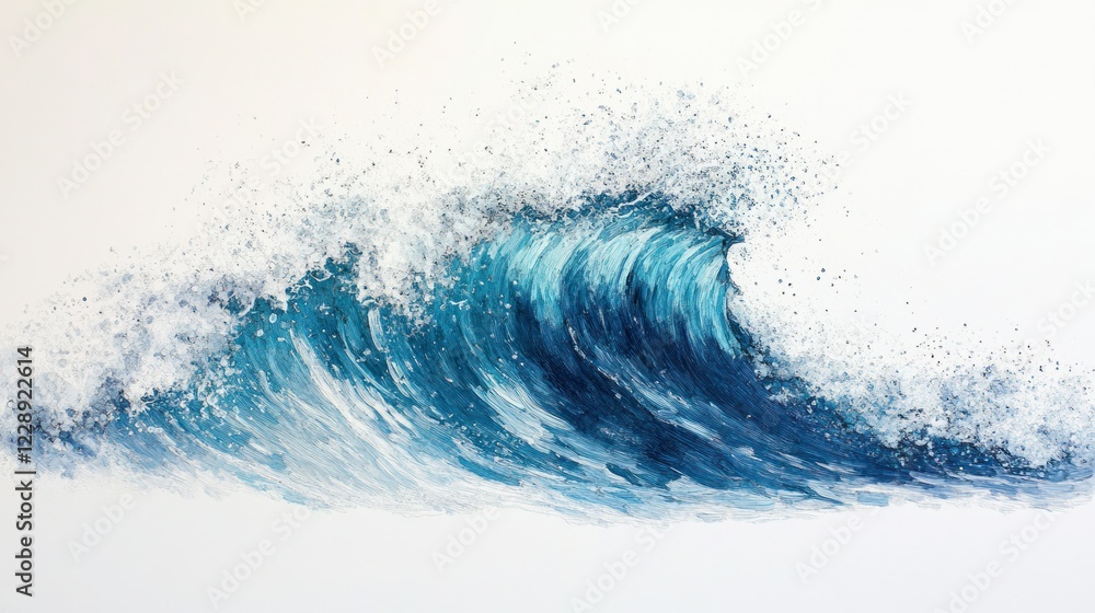 A gently breaking wave with rippling textures and water droplets suspended mid-splash, isolated on white. A gently breaking wave with rippling textures and water droplets suspended mid-splash, isolated on white.