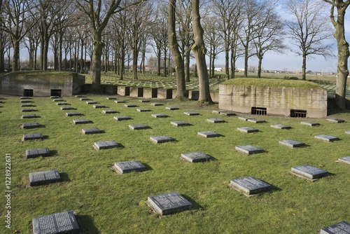 German military cemetery Langemark, gravestones and bunkers, First World War, Langemark Poelkapelle, West Flanders, Flanders, Belgium, Europe photo