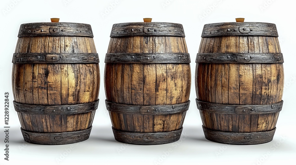 Fototapeta premium Three rustic wooden barrels with metal bands and a weathered look, standing against a light background, AI generated