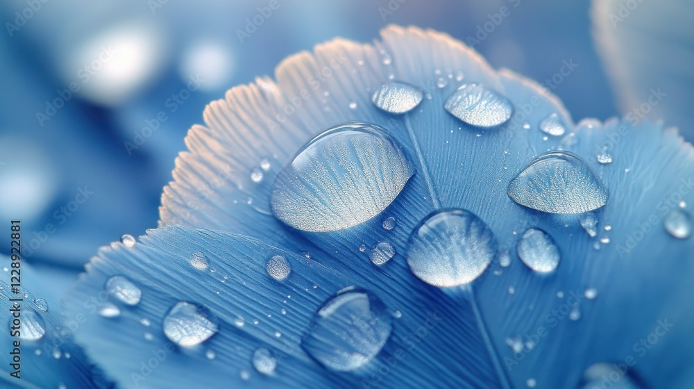 Dewdrops on Blue Ginkgo Leaf, Macro Closeup Dewdrops on Blue Ginkgo Leaf, Macro Closeup