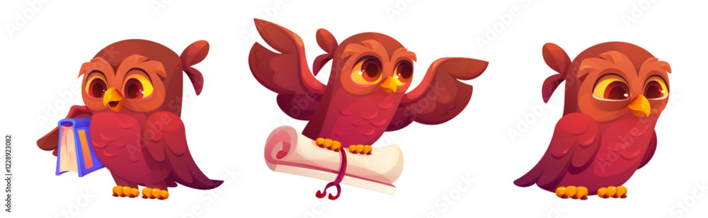Naklejka premium Cute owl mascot in different poses with scrolled diploma or document and library text book - brown cartoon bird with various expressions. Childish wise character for educational interface design.