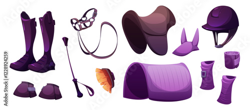 Equestrian equipment collection - purple riding boots, leather bridle, saddle pad, protective helmet, bandages, brush, knee guards, horse ear bonnet. Professional sport gear set for horseback training