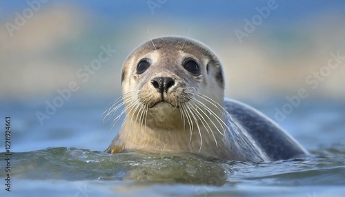 KI generated, animal, animals, mammal, mammals, biotope, habitat, one, individual, foraging, wildlife, seal, sea lion, (Phoca vitulina), seal, seals, howler, swims, North Sea, summer, sideways, portrait photo