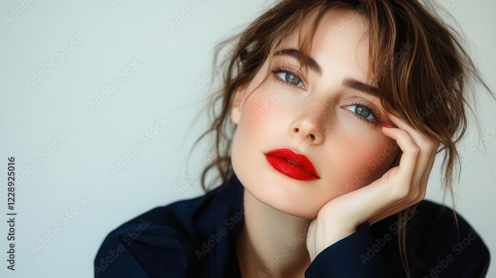 Close-up portrait beautiful woman with red lipstick and a dark blue shirt, posing for the camera, head resting on her hand, looking at us in front of a clean background, copy space for text