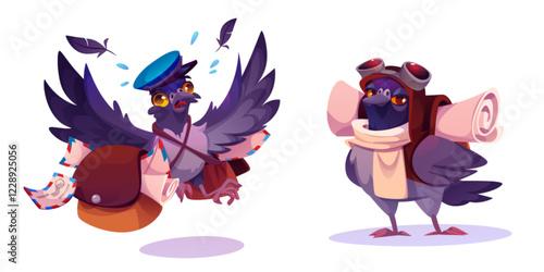 Cartoon mail carrier pigeon characters - flying with postal bag and letters, standing with paper scroll and pilot goggles. Grey bird mascots in vintage messenger outfit for delivery service branding.