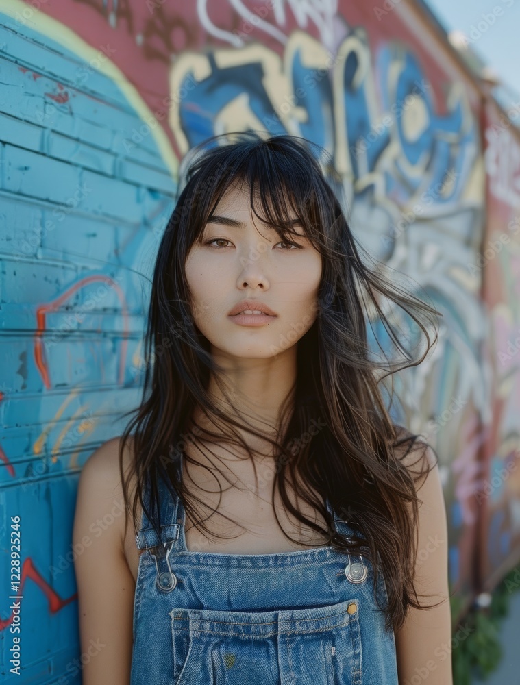 Fototapeta premium Exuding cool confidence, a young woman with black hair in denim overalls stands boldly against a graffiti covered wall, matching the urban, artistic setting.